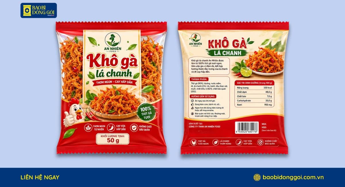 Mẫu bao bì túi đựng khô gà in 2 mặt trước sau