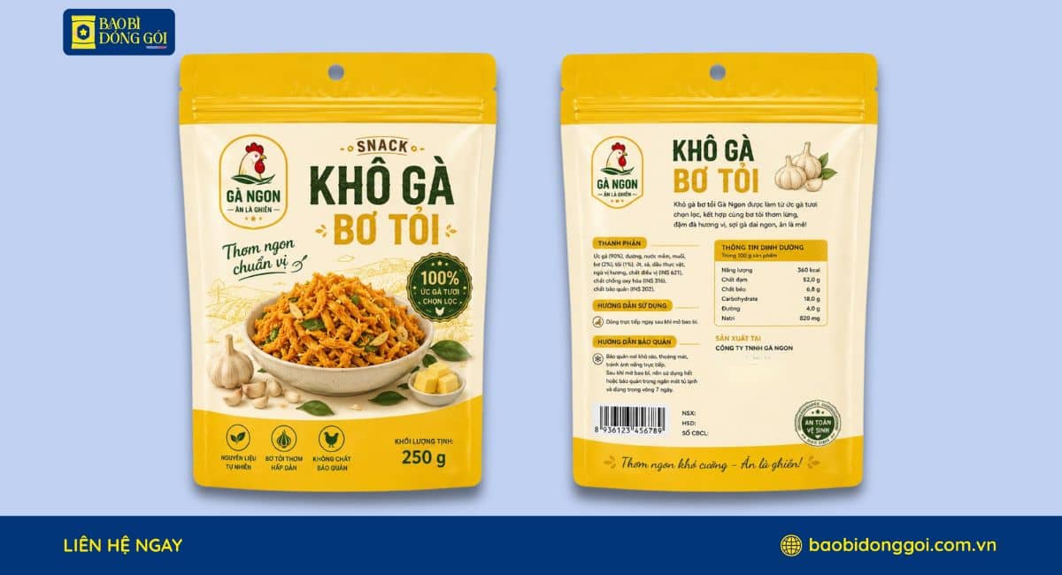 Mẫu bao bì đựng khô gà được in trục đồng trên túi zipper