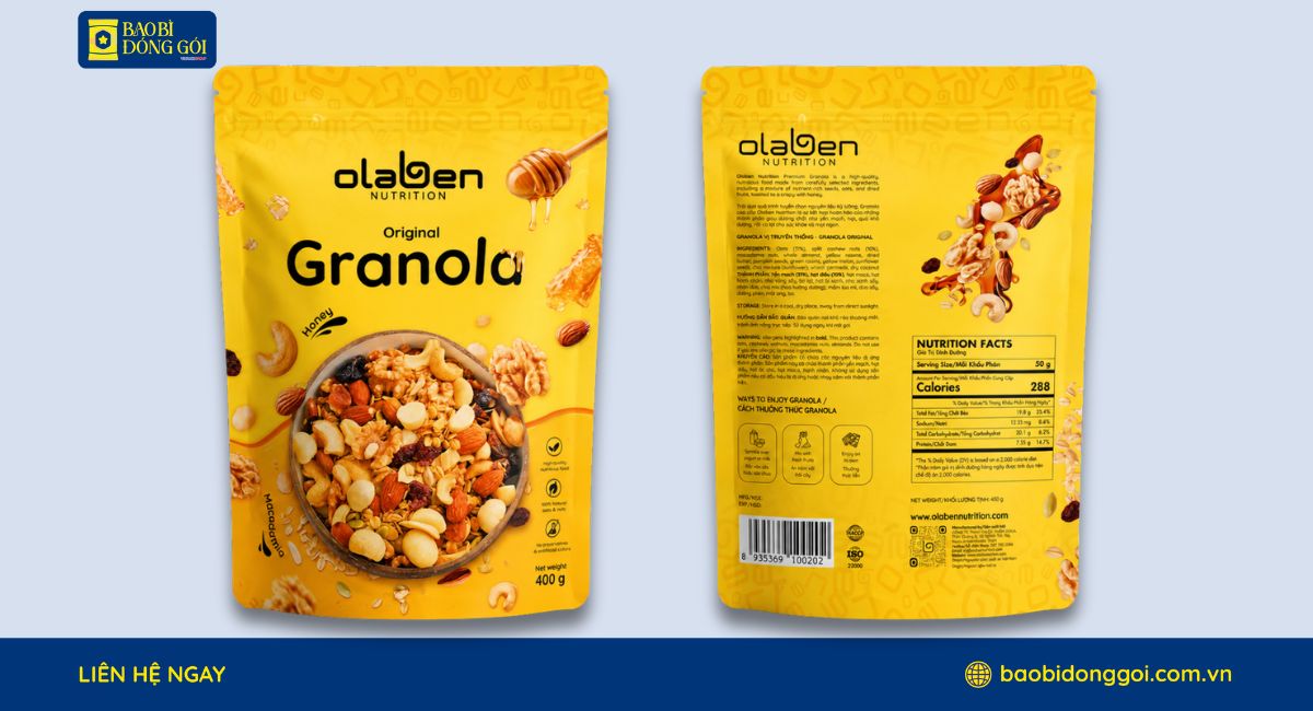 Bao Bì Đóng Gói X Olaben Nutrition: Dự Án Túi Zip Đáy Đứng Đựng Granola