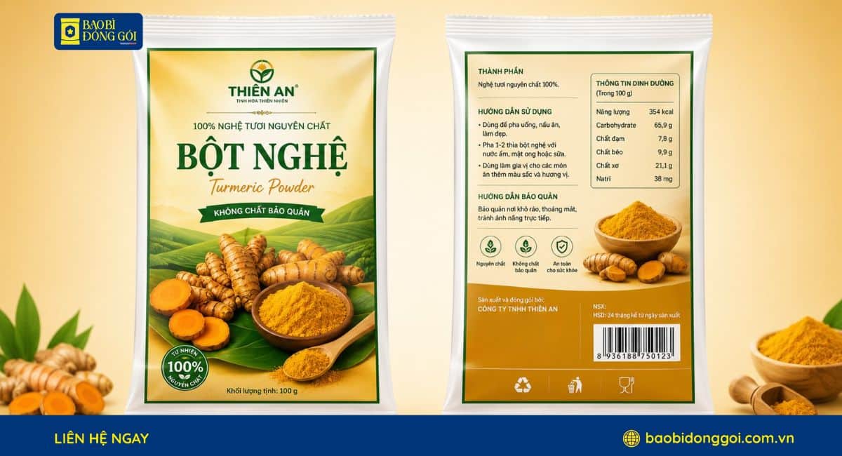 Mẫu bao bì tinh bột nghệ in màu sắc rõ nét theo nhận diện thương hiệu