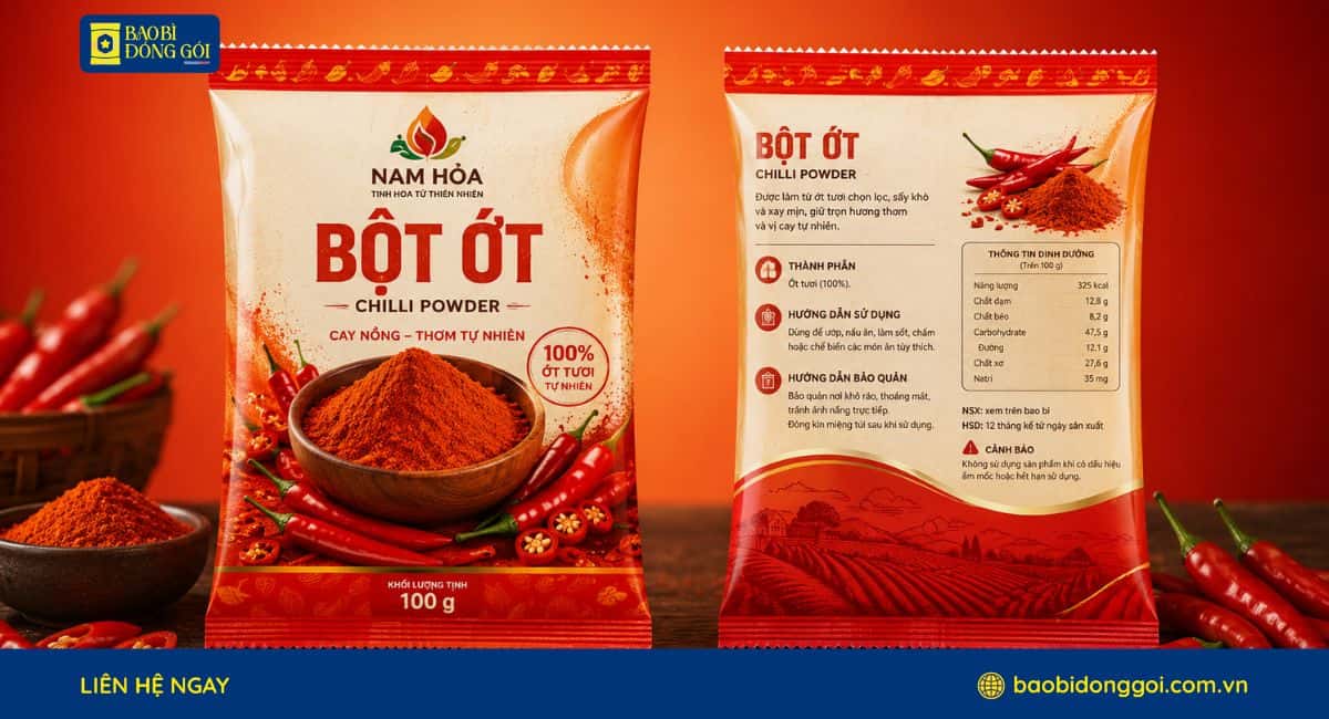 Dịch vụ in bao bì bột ớt theo yêu cầu 2 mặt trước sau