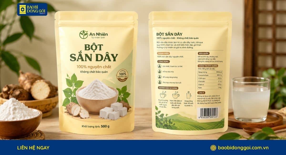 Dịch vụ in bao bì bột sắn dây 2 mặt trước sau theo yêu cầu