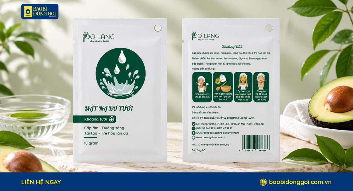 Hình ảnh thực tế bao bì đựng mặt nạ  bơ tươi Pơ Lang Việt Nam được Bao Bì Đóng Gói hoàn thiện