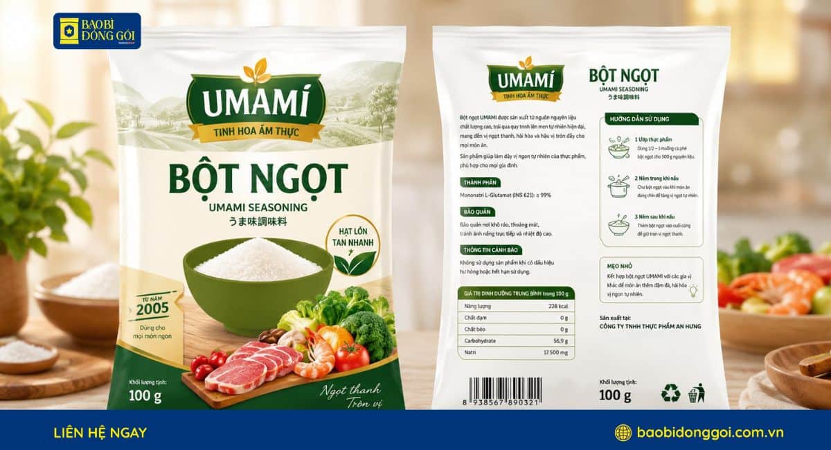 Mẫu bao bì bột ngọt dạng túi hàn lưng giữa in thương hiệu riêng