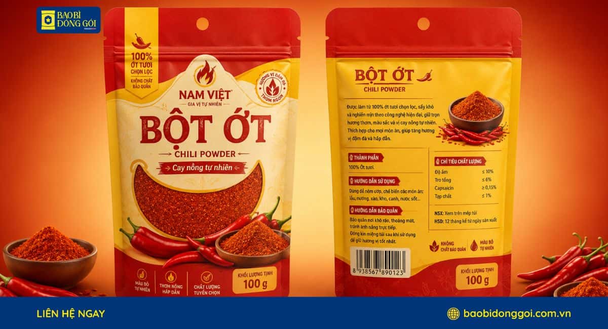 Mẫu bao bì bột ớt màng ghép 100g