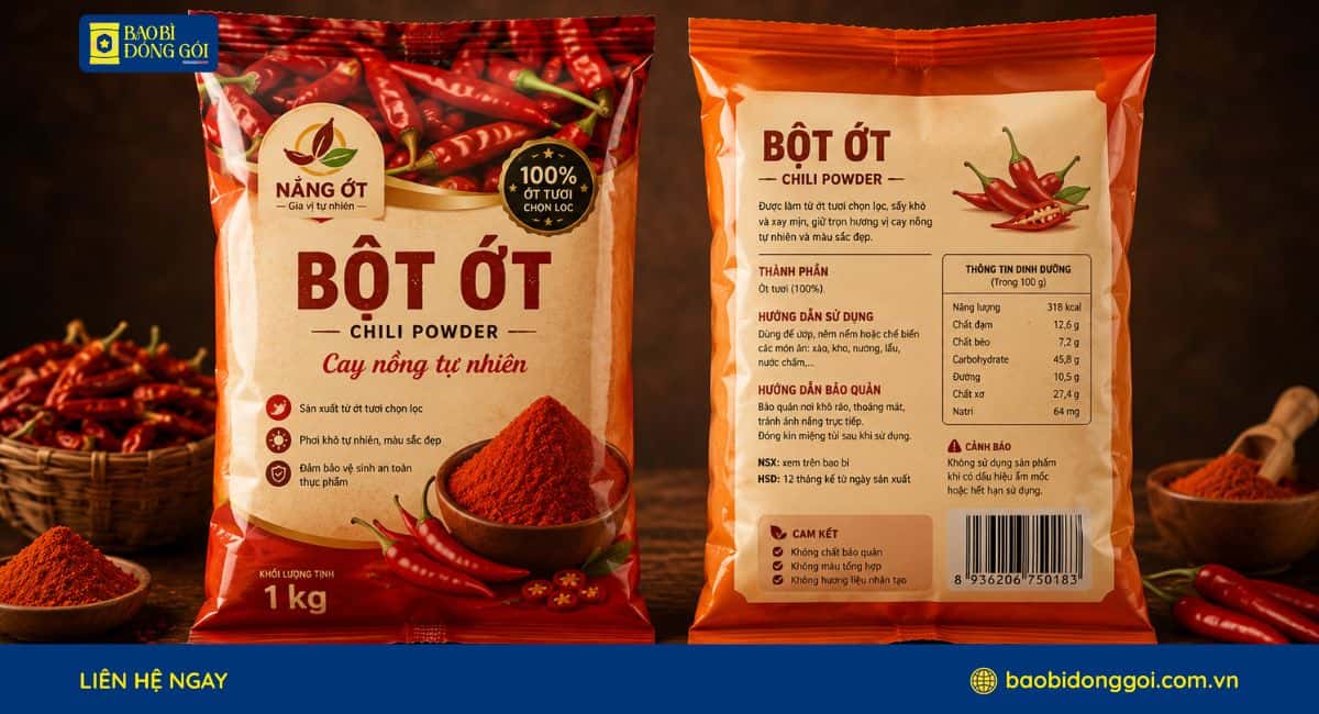 Mẫu bao bì bột ớt túi lớn đựng 1 kg