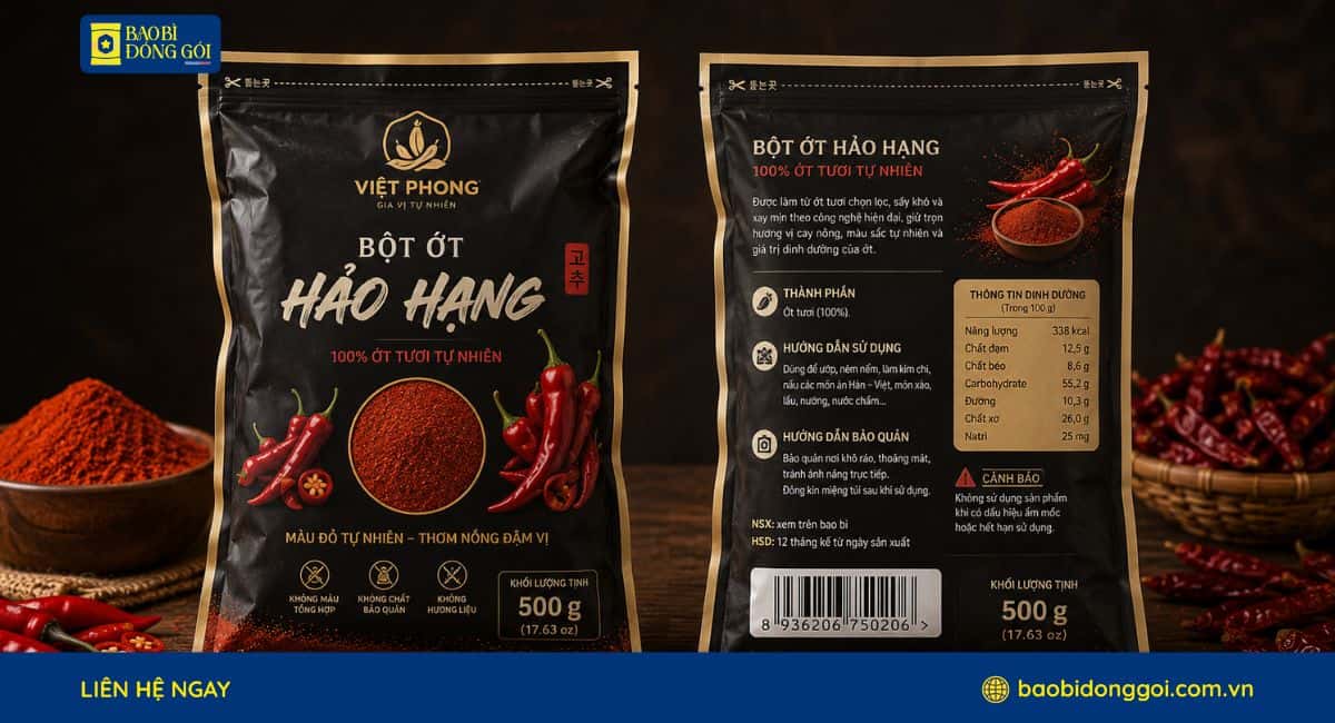 Mẫu bao bì túi 3 biên màng ghép đựng bột ớt 500g