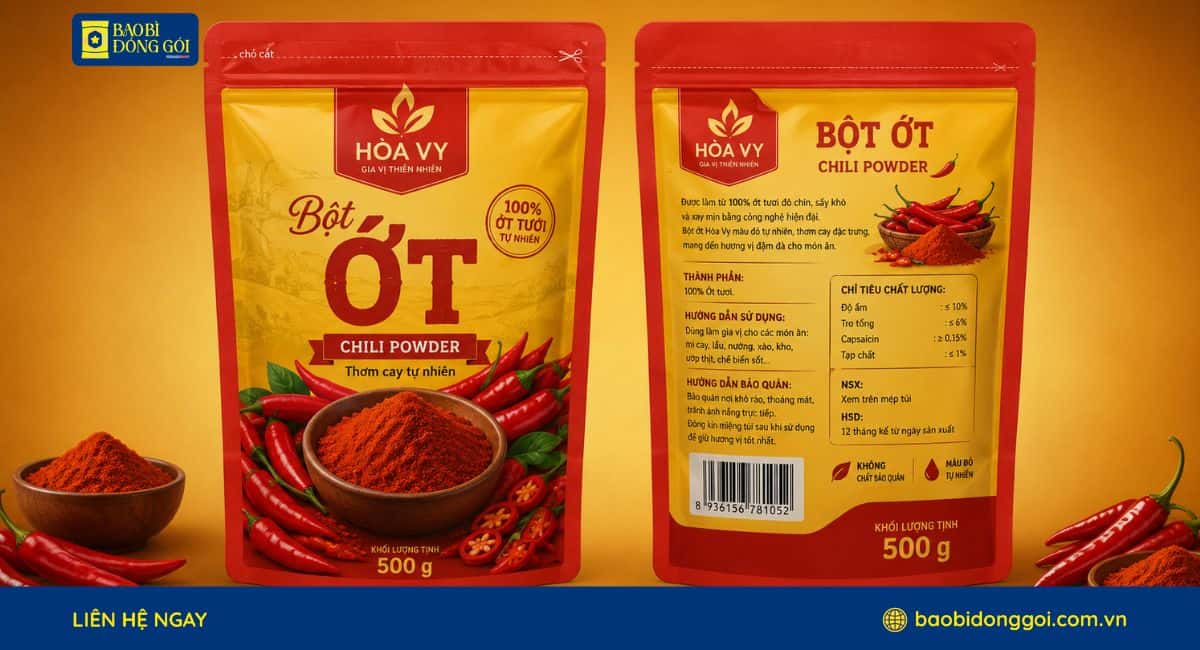 Mẫu bao bì túi zipper đáy đứng 500g được thiết kế riêng theo yêu cầu