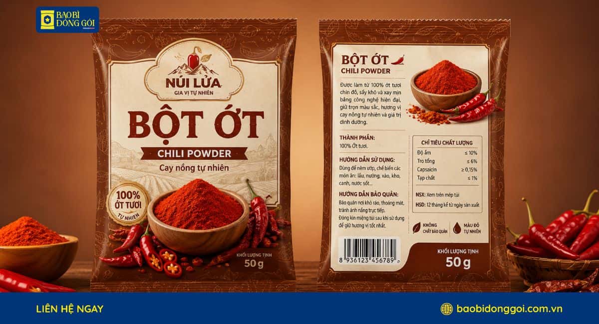 Mẫu bao bì bột ớt 50g in trục đồng theo yêu cầu