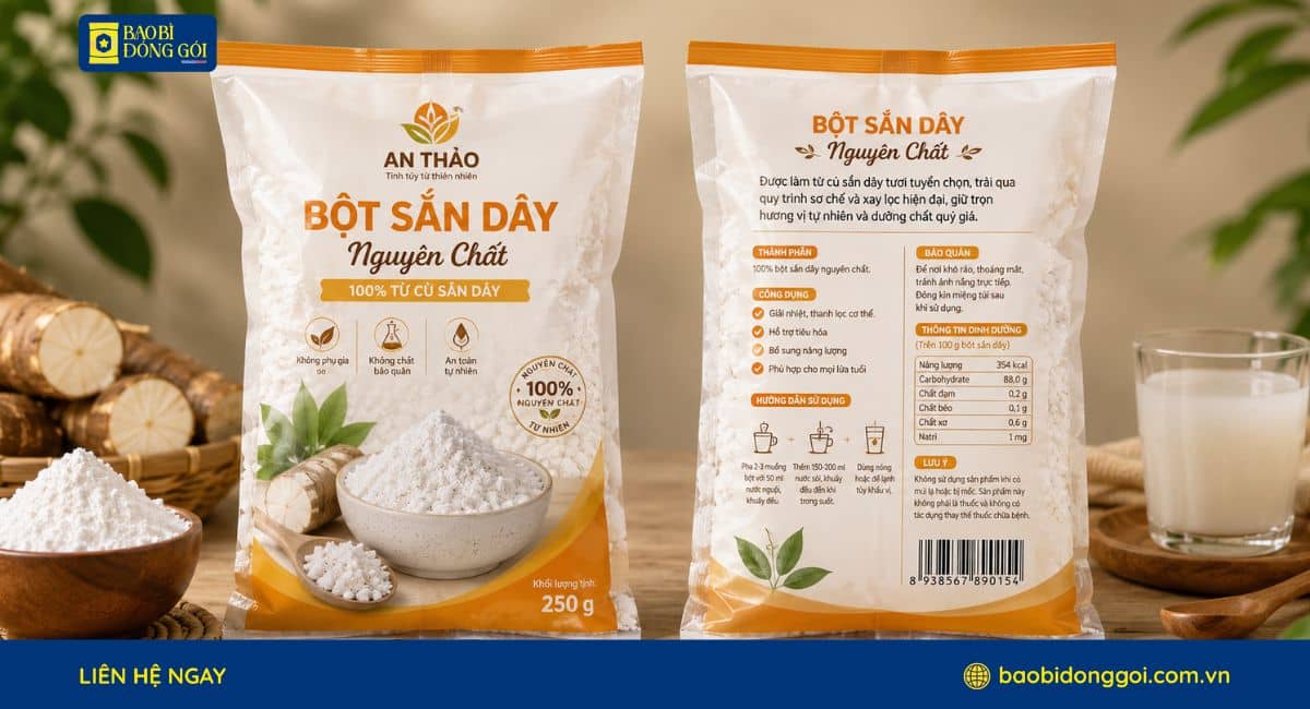 Mẫu bao bì bột sắn dây túi hàn lưng giữa in trục đồng theo yêu cầu doanh nghiệp