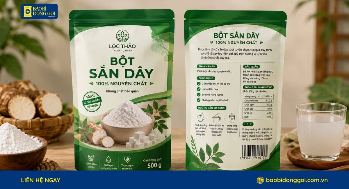 Mẫu bao bì bột sắn dây 500g in theo yêu cầu
