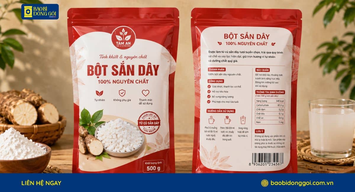 Mẫu bao bì bột sắn dây dạng túi zip có khóa kéo tiện lợi