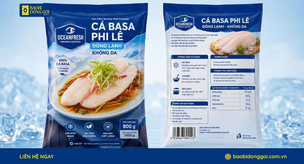 Mẫu bao bì thực đông lạnh đựng cá basa