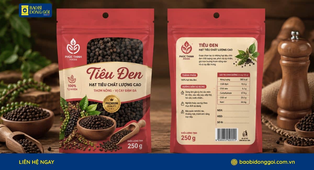 Mẫu bao bì đựng tiêu 250g in theo yêu cầu