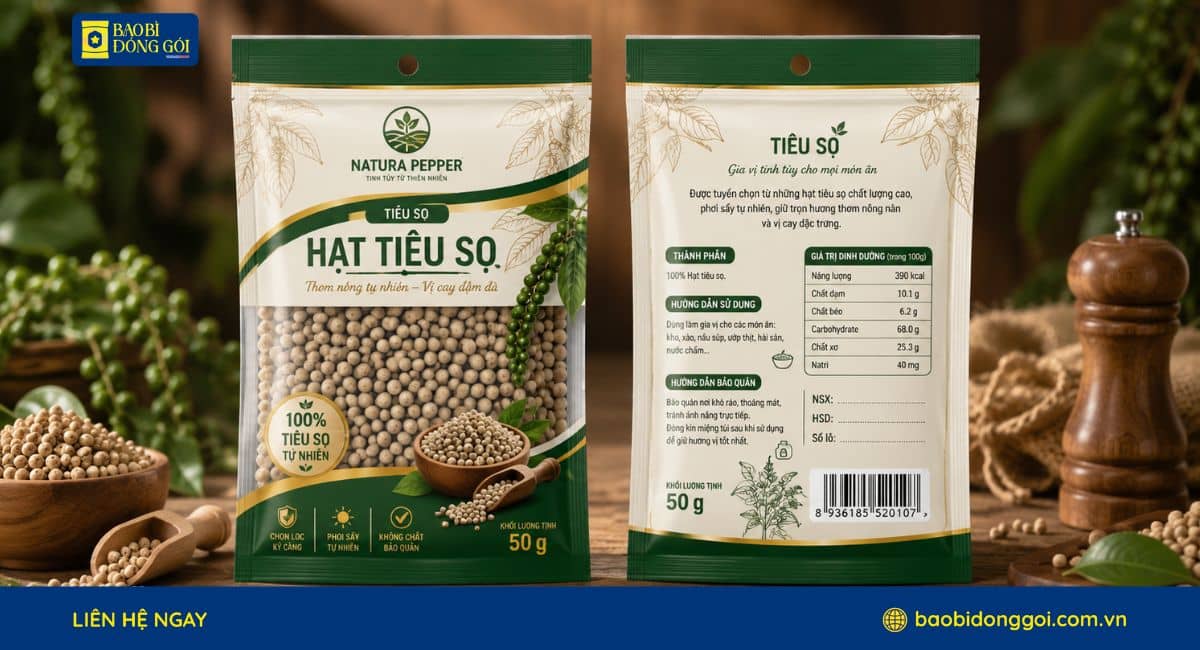 Mẫu bao bì đựng tiêu 50g in 2 mặt trước sau