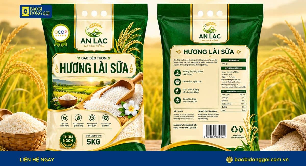 Mẫu bao bì thực phẩm đựng gạo in trục đồng sắc nét