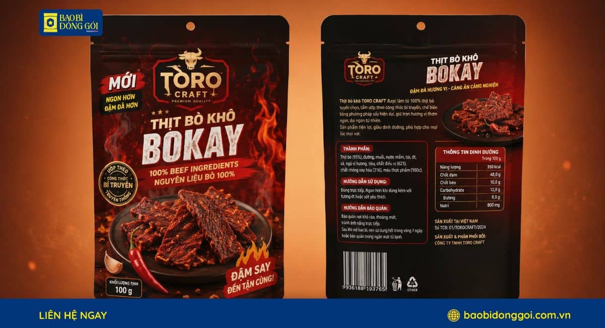 Mẫu bao bì khô bò được in logo thương hiệu rõ nét