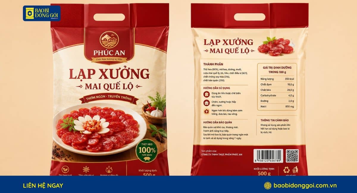 Mẫu bao bì lạp xưởng có đục lỗ treo in rõ thông tin trên 2 mặt
