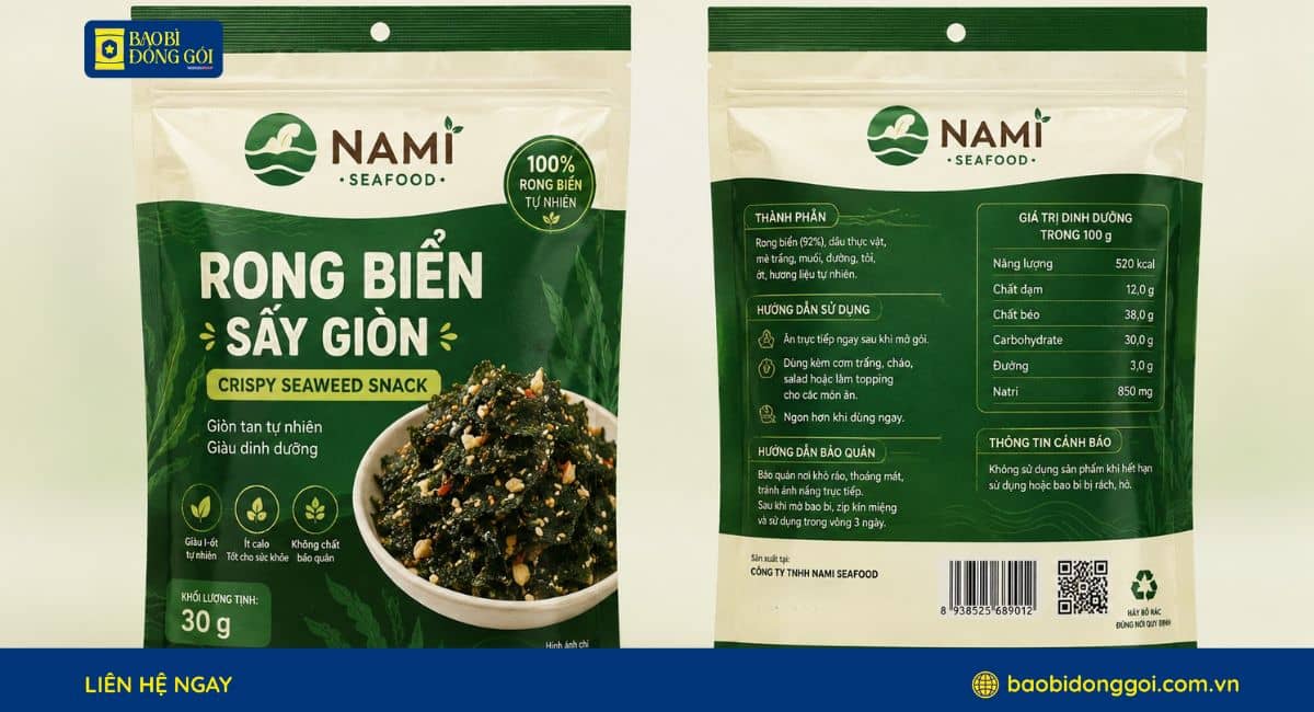 Mẫu bao bì thực phẩm màng ghép đựng rong biển sấy ăn vặt