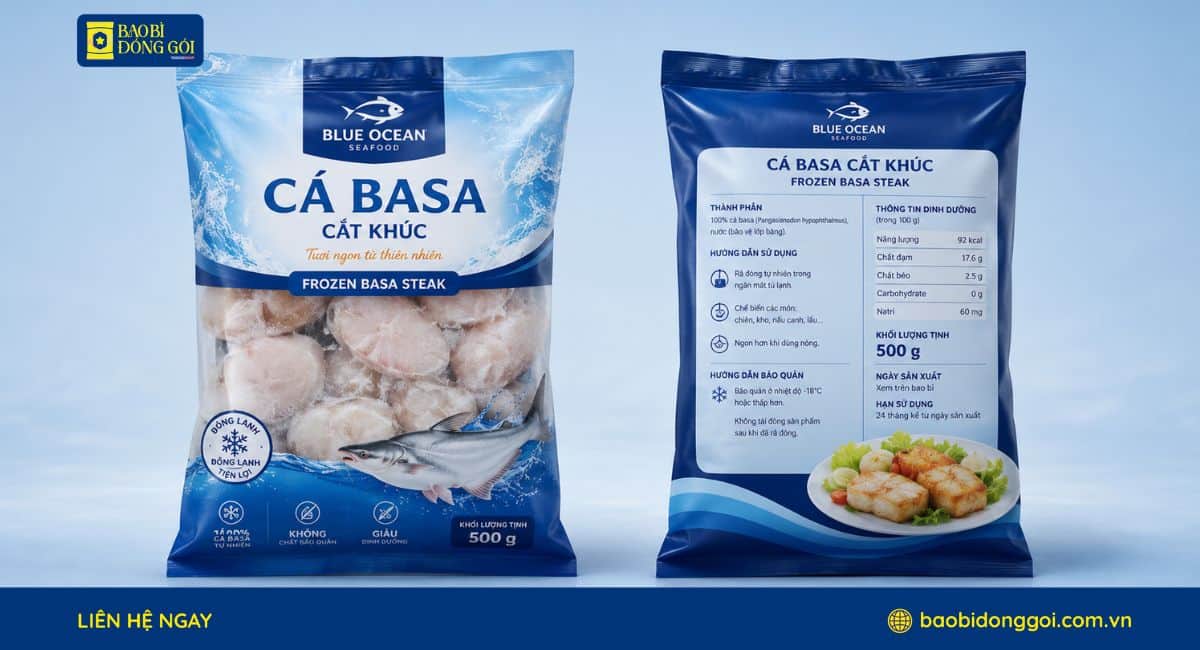 Mẫu bao bì thủy sản đựng cá basa được in 2 mặt sắc nét