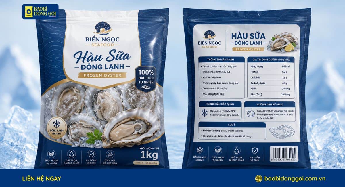 Mẫu bao bì thủy sản đông lạnh đựng hàu sữa