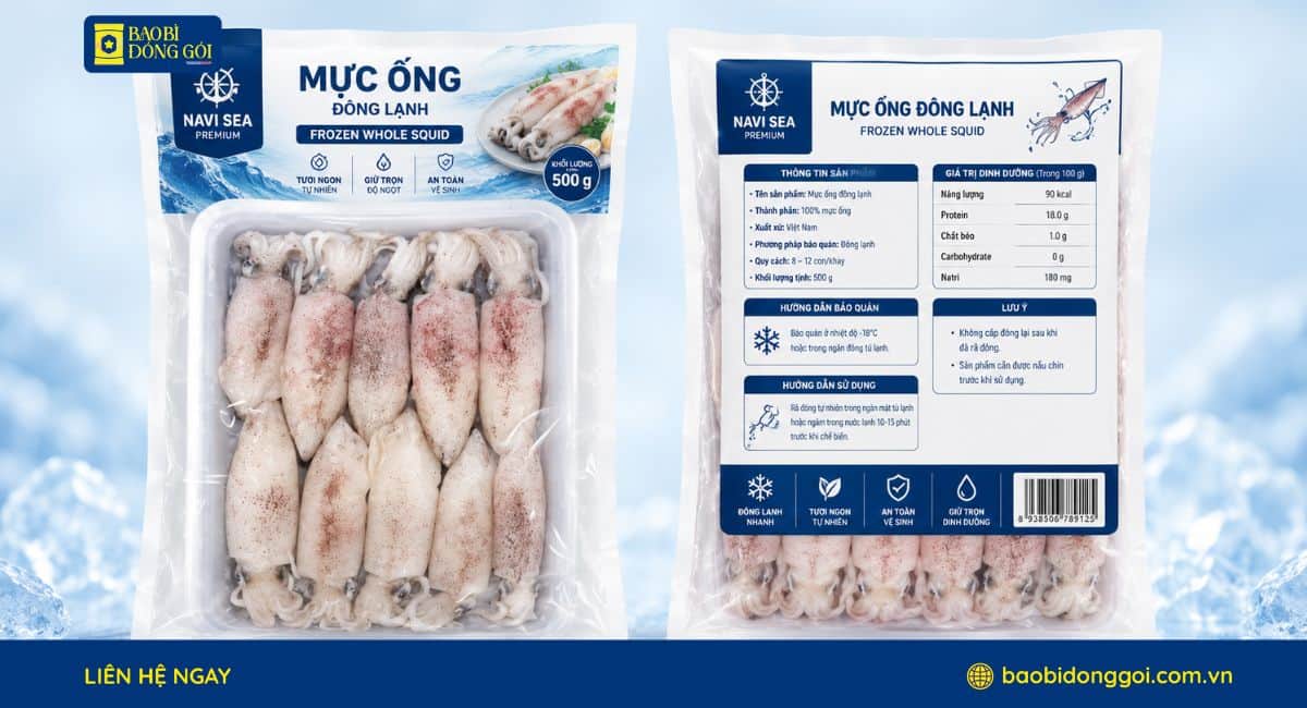 Mẫu bao bì thủy sản đựng mực ống được hút chân không
