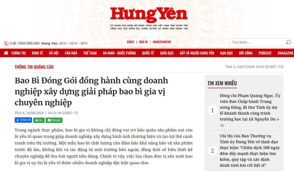 Báo Hưng Yên viết về bao bì gia vị màng ghép tại Bao Bì Đóng Gói