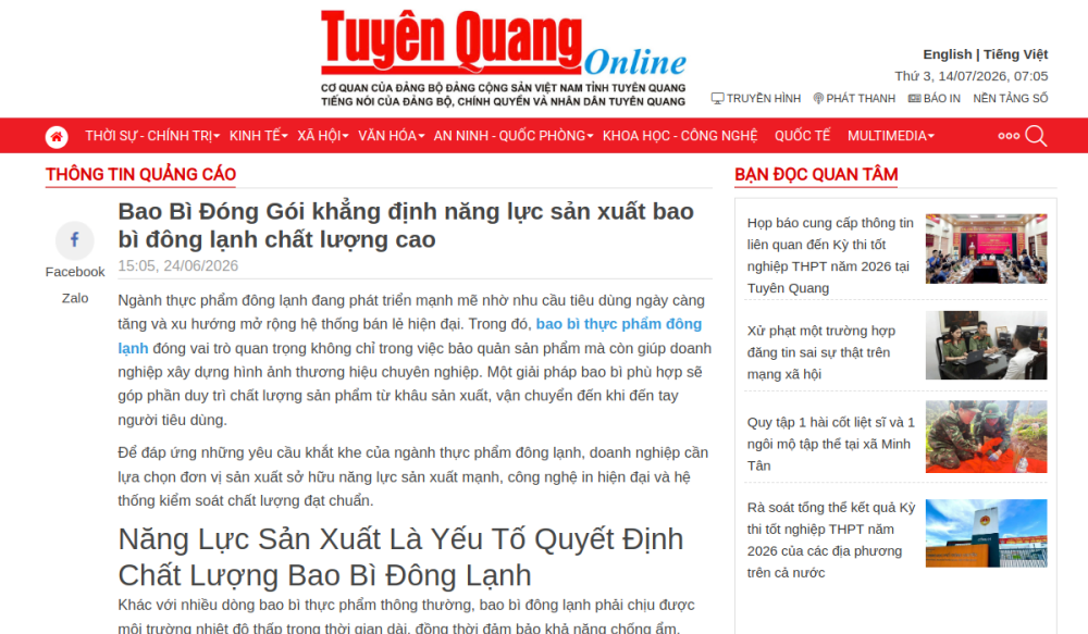 Bao Tuyen Quang viet ve nang luc san xuat bao bi dong lanh cua Bao Bi Dong Goi