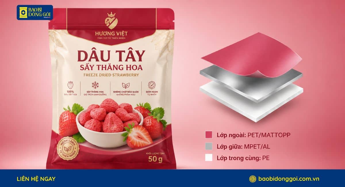Cấu trúc màng ghép bao bì dâu sấy thăng hóa được bóc tách ra từng lớp