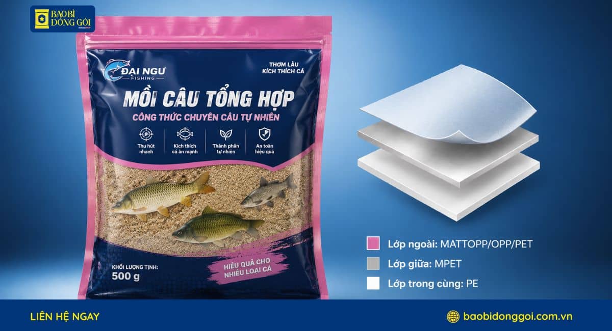 Cấu trúc màng ghép bao bì đựng mồi câu cá