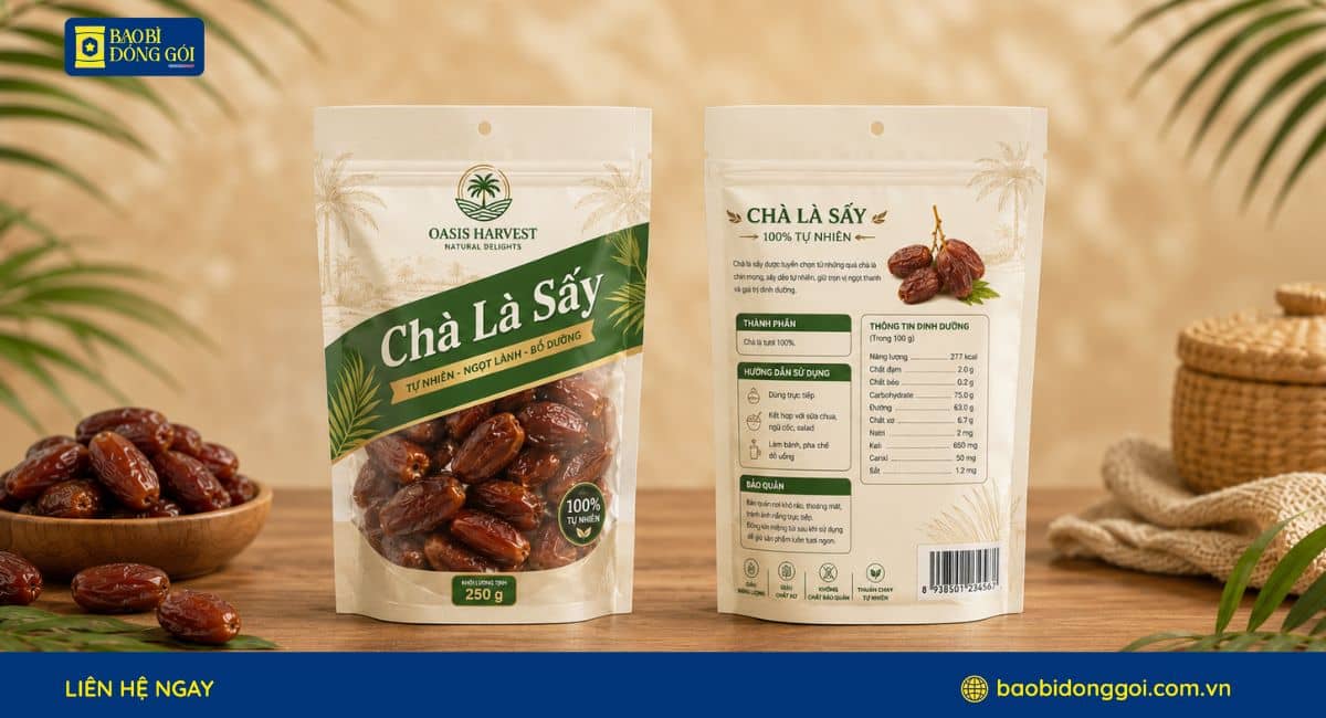 Mẫu bao bì chà là sấy 250g túi zipper đục lỗ treo