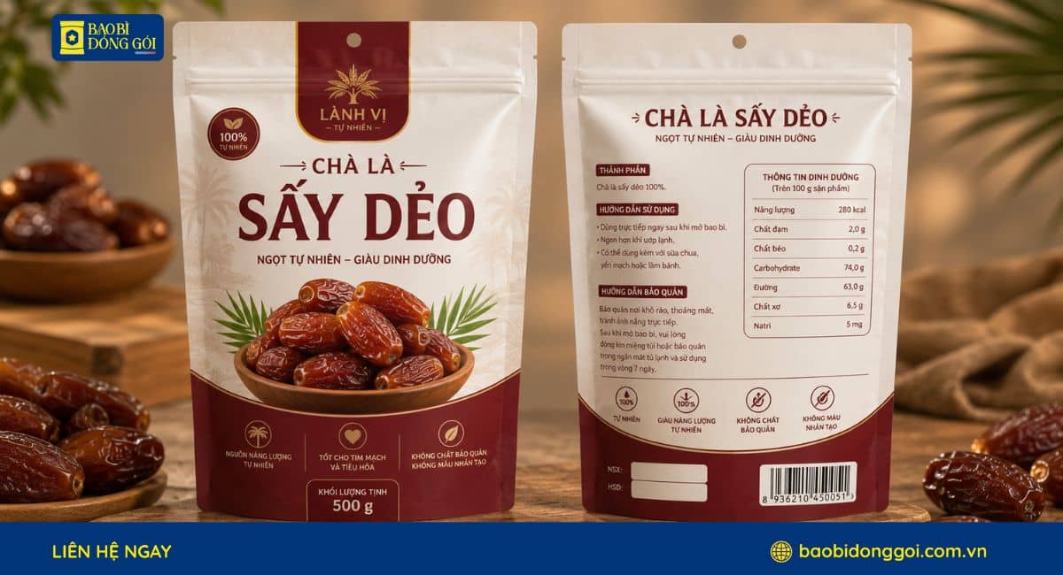 Mẫu bao bì chà là sấy 250g túi khóa zipper
