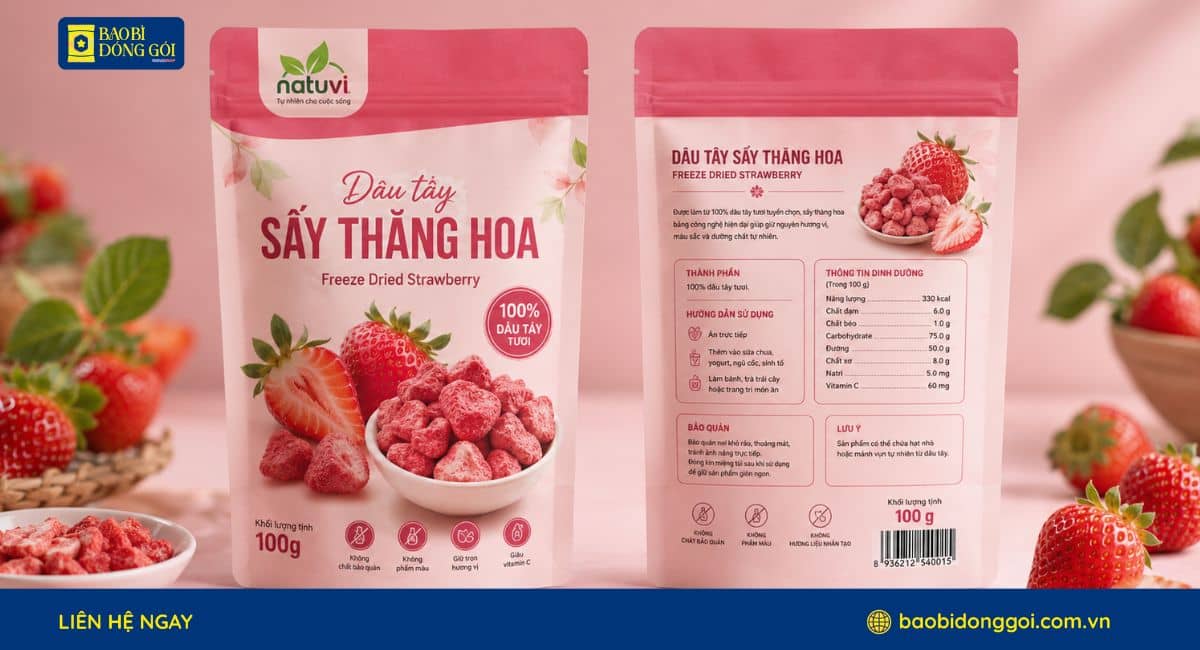 Mẫu bao bì dâu sấy thăng hóa 100g in trục đồng sắc nét