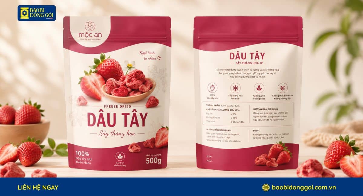 Mẫu bao bì dâu sấy thăng hoa 500g in trục đồng 5 màu 2 mặt trước sau