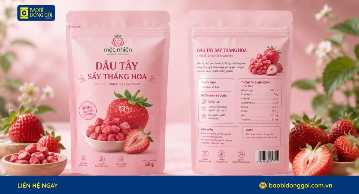 Mẫu bao bì dâu sấy thăng hoa túi nhỏ 50g