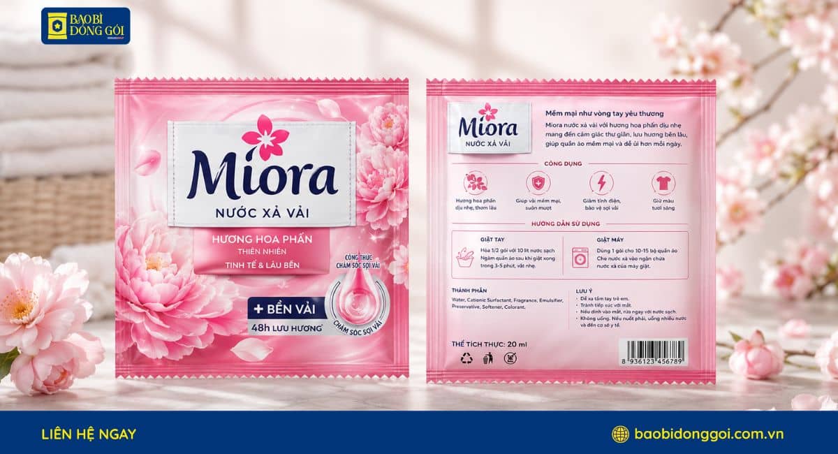 Mẫu bao bì đựng nước xả vải gói nhỏ dùng 1 lần in theo yêu cầu 2 mặt trước sau