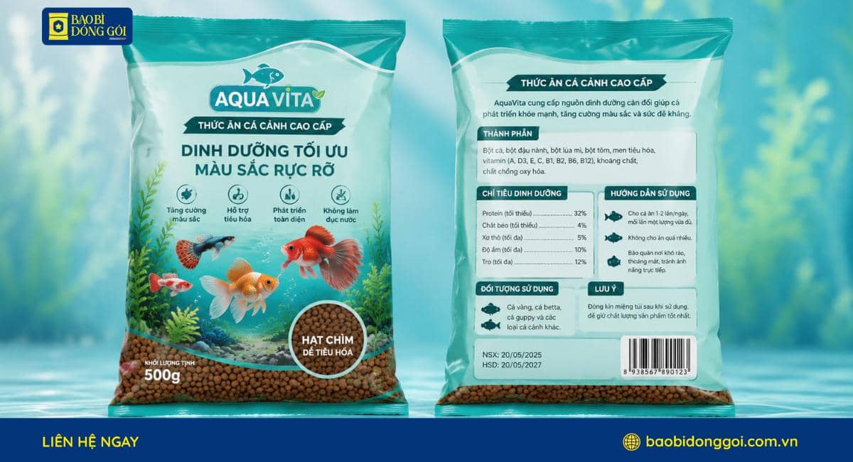 Mẫu bao bì đựng thức ăn cá cảnh 500g túi hàn lưng giữa gia công theo yêu cầu