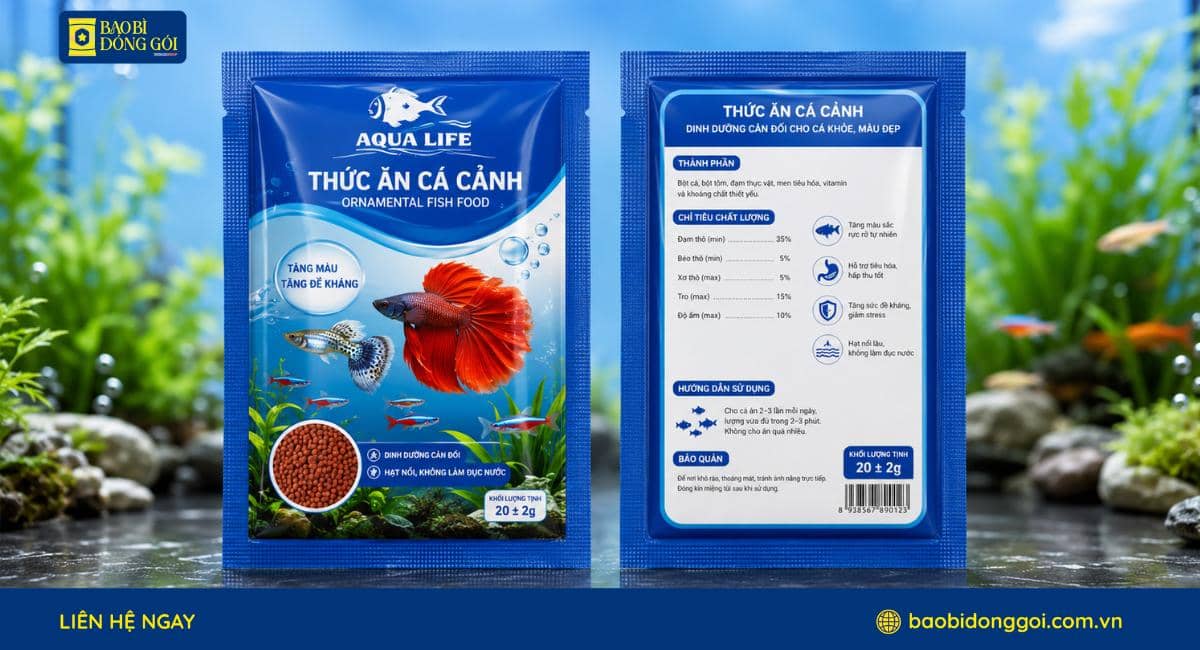Mẫu bao bì đựng thức ăn cá cảnh in theo yêu cầu túi 3 biên