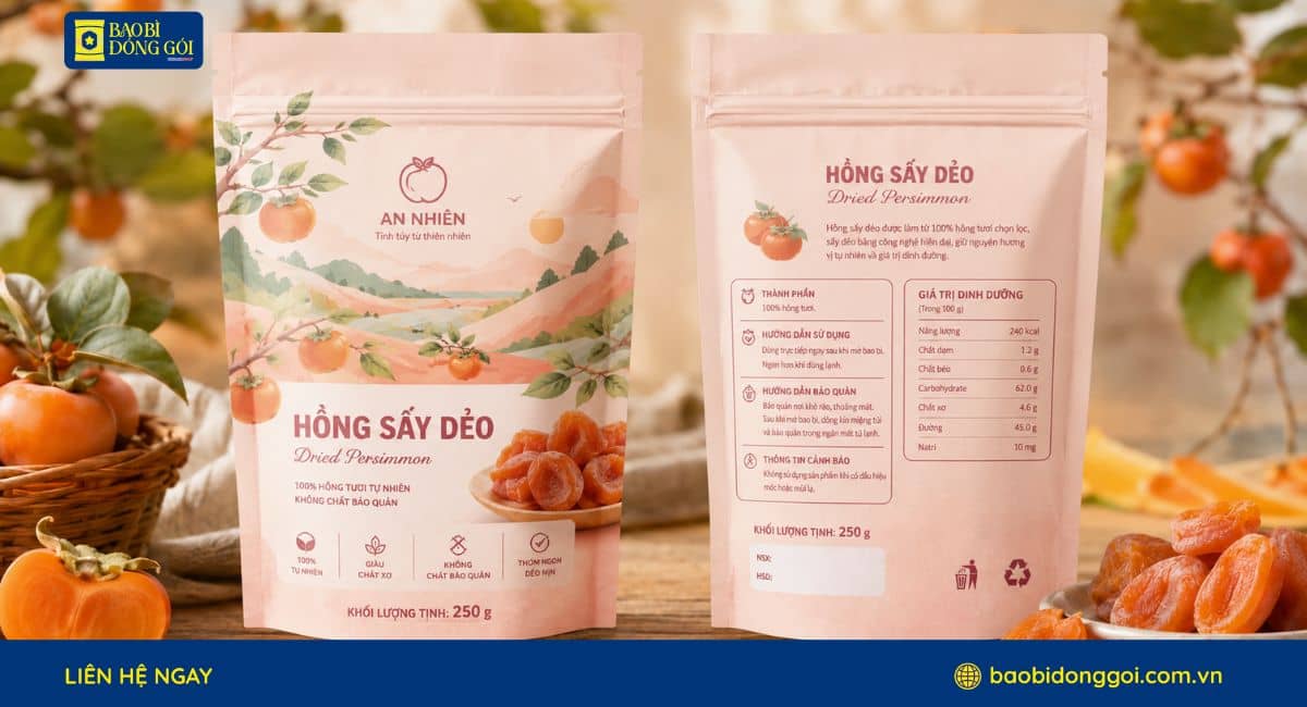 Mẫu bao bì hồng sấy dẻo in theo yêu cầu đạt chứng nhận xuất khẩu