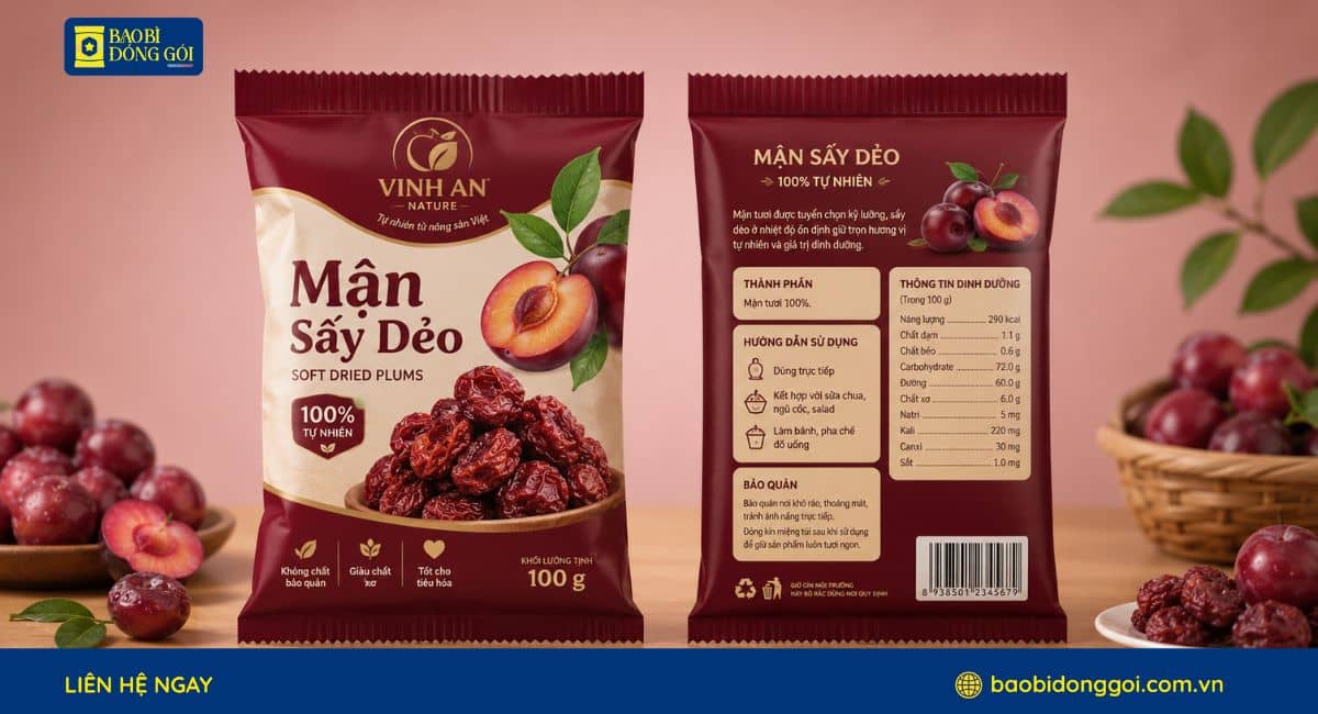 Mẫu bao bì mận sấy 100g túi hàn lưng giữa in trục đồng 4 màu 2 mặt trước sau