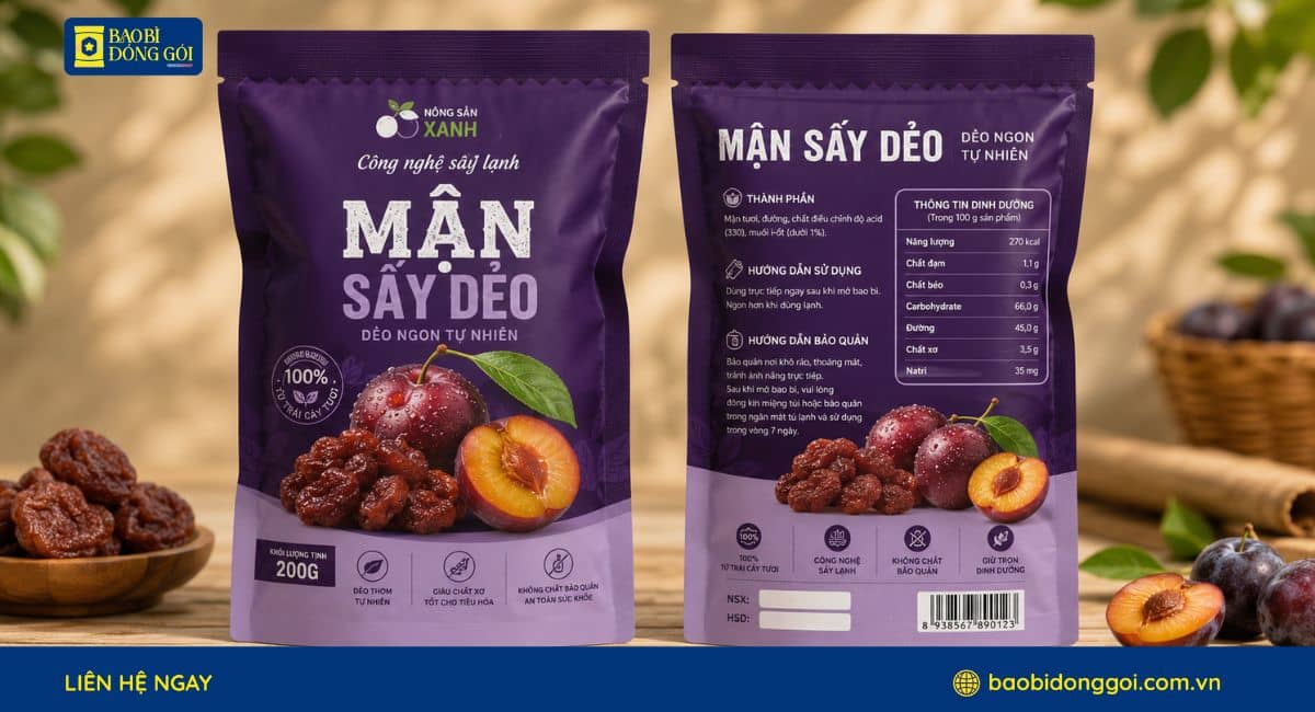 Mâu bao bì túi 3 biên mận sấy dẻo gia công chỗ xé tiện lợi