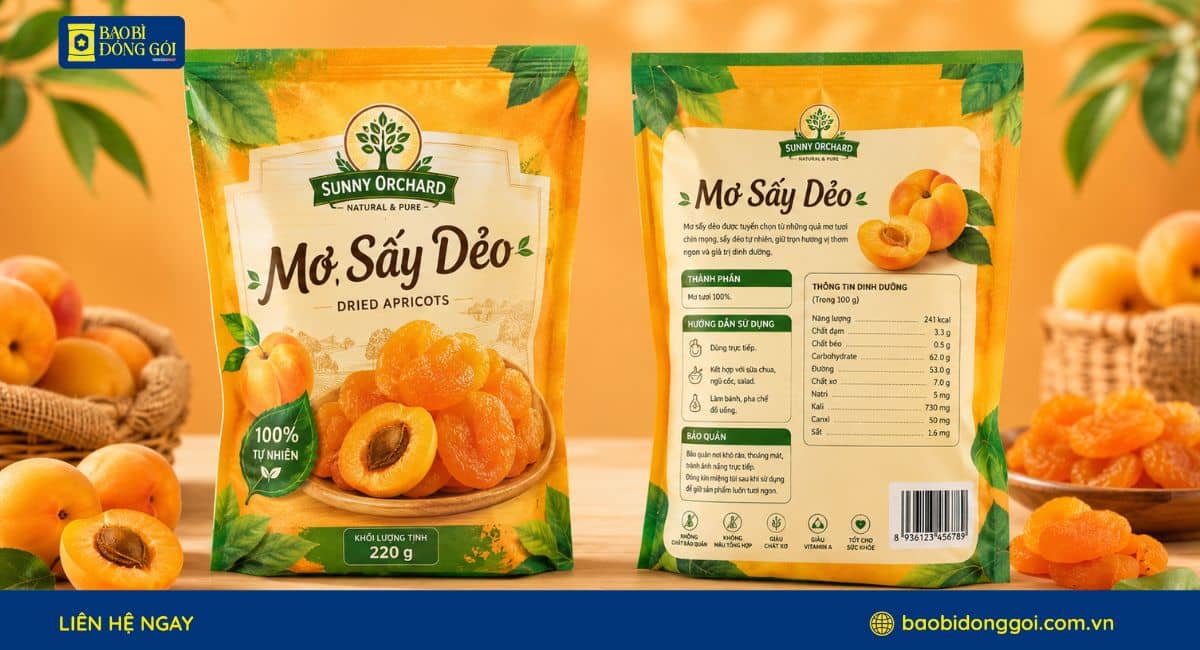 Mẫu bao bì mơ sấy 220g túi zipper in trục 4 màu rõ nét