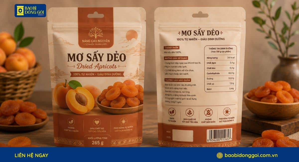 Mẫu bao bì sấy 265g túi zipper đáy đứng in 2 mặt trước sau