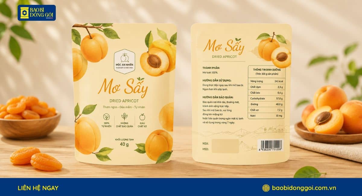 Mẫu bao bì mơ sấy 40g mẫu túi ăn thử cho khách hàng
