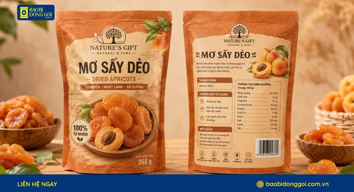 Mẫu bao bì mơ sấy in trục đồng sắc nét