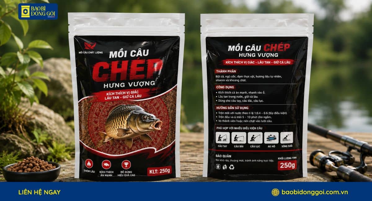 Mẫu bao bì mồi câu cá chép in trục đồng túi zipper đáy đứng