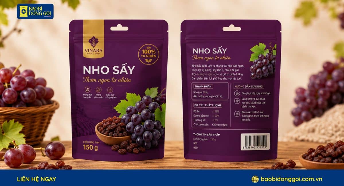 Mẫu bao bì nho sấy túi zipper 150g có đục lỗ treo