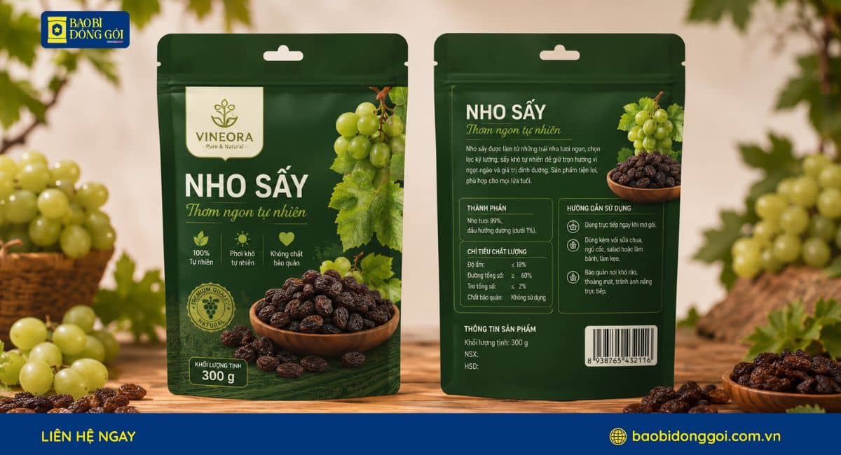 Mẫu bao bì nho sấy 300g in theo yêu cầu