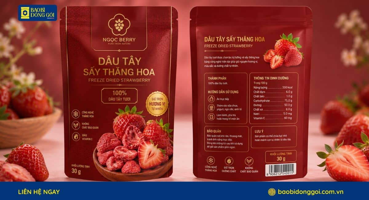 Mẫu túi đựng dâu sấy thăng hóa in trục đồng 5 màu theo yêu cầu
