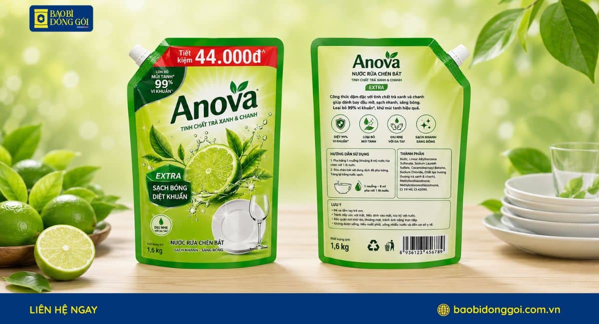 Mẫu túi đựng nước rửa chén in trục đồng đáy đứng có vòi